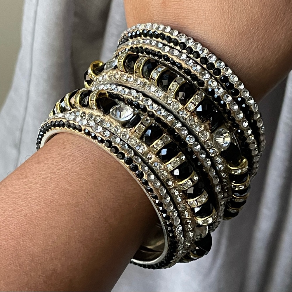 Black Clear Rhinestones Metal Bangles Size Small 2.4” Diameter